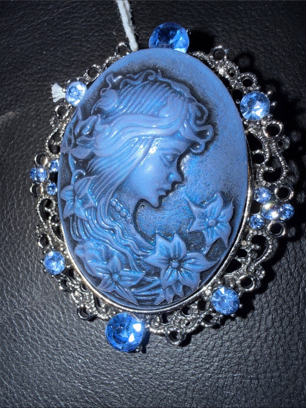Blue Cameo Brooch with Floral Relief - Unbranded